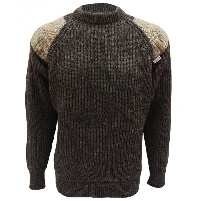 Gamekeeper- Chunky crew neck sweater with Harris Tweed patches